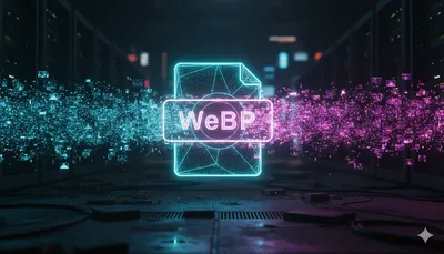 Icono brillante del formato WebP comprimiendo flujos de datos pesados en un entorno neón cian