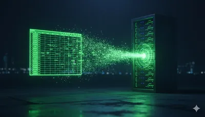 Rejilla de hoja de cálculo brillante transformándose en un flujo de datos neón hacia un servidor