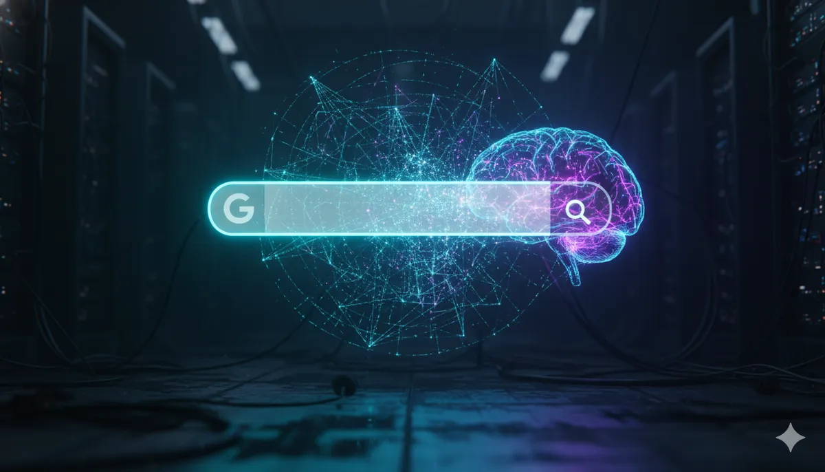 Lupa digital holográfica escaneando una red de datos neón para indexación en Google