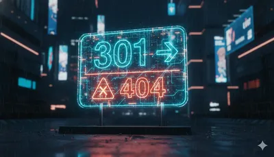 Señal de tráfico holográfica mostrando flechas de redirección 301 y símbolos de error 404