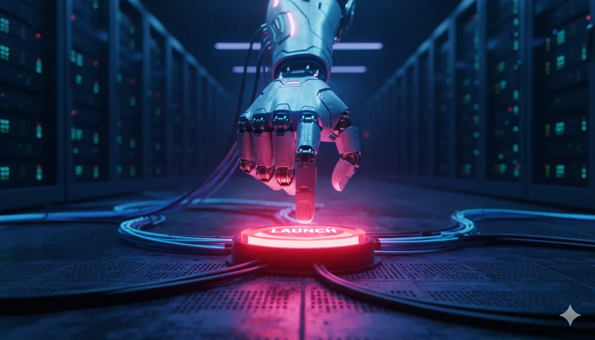 Mano robótica a punto de pulsar un botón holográfico rojo brillante en un entorno cyberpunk