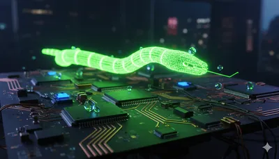 Serpiente de datos de neón verde brillante moviéndose por un circuito electrónico oscuro