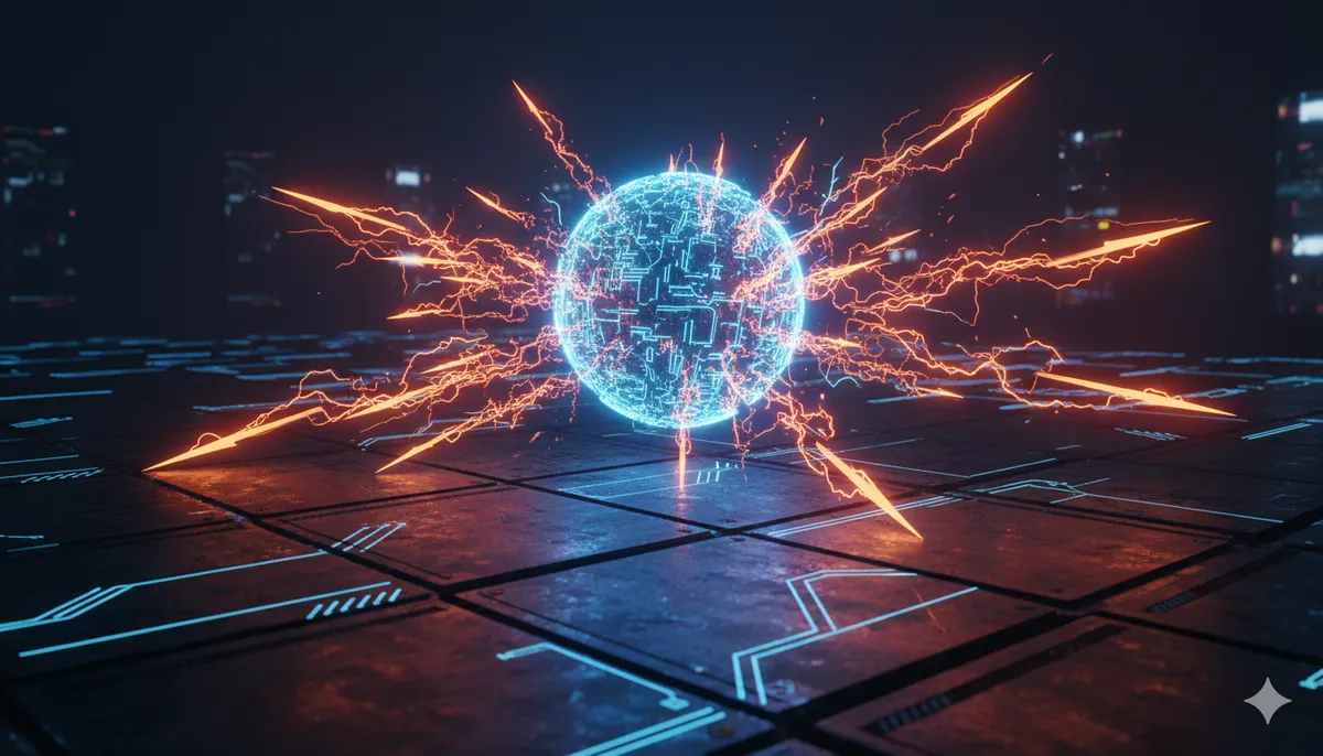 Núcleo de sistema azul brillante siendo atacado por paquetes de datos rojos en una rejilla cyberpunk