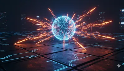 Núcleo de sistema azul brillante siendo atacado por paquetes de datos rojos en una rejilla cyberpunk