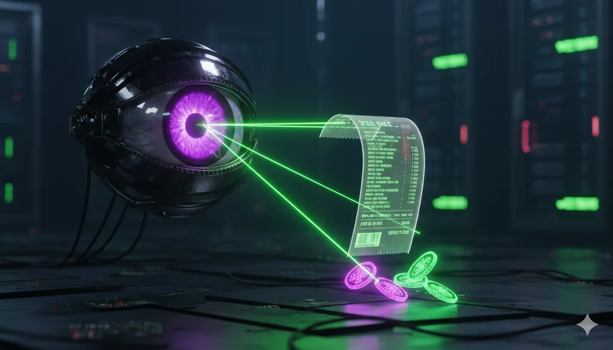 Ojo robótico procesando un ticket de compra holográfico con monedas digitales flotantes