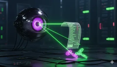 Ojo robótico procesando un ticket de compra holográfico con monedas digitales flotantes