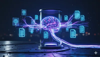 Cerebro digital brillante procesando documentos holográficos en un entorno neón cian y violeta