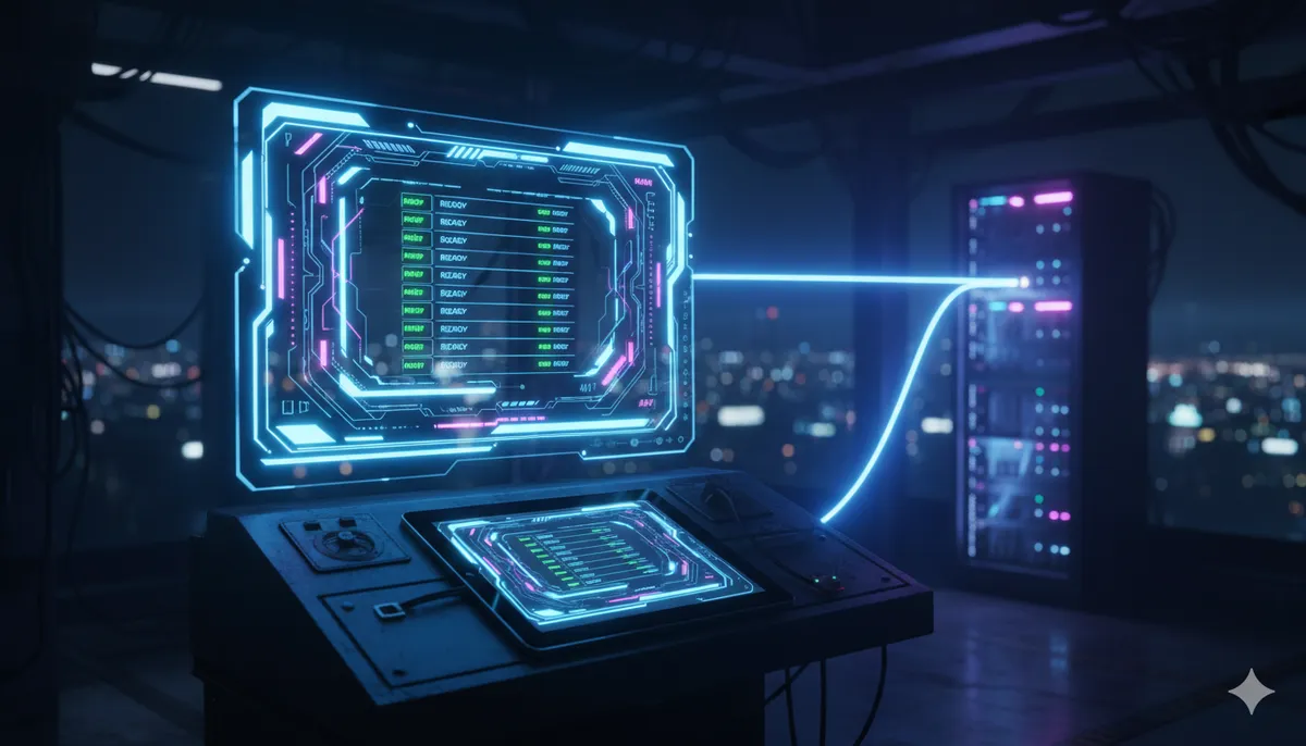 Panel de control futurista con luces de estado en verde 'READY'