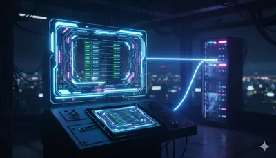 Panel de control futurista con luces de estado en verde 'READY'