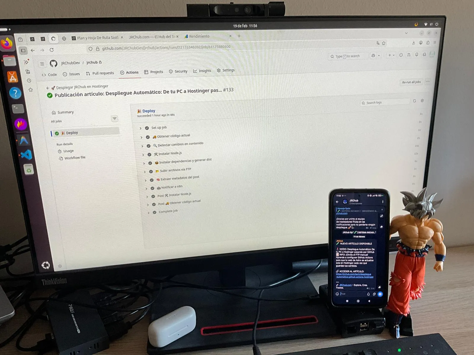 Captura de un mensaje real llegando al canal de Telegram segundos después del despliegie
