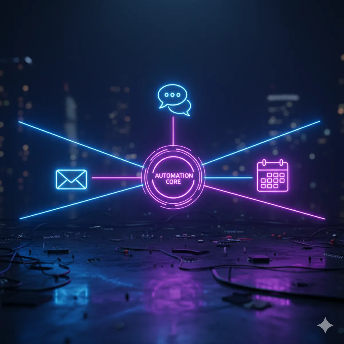 Núcleo de automatización conectando servicios mediante rayos de luz neón