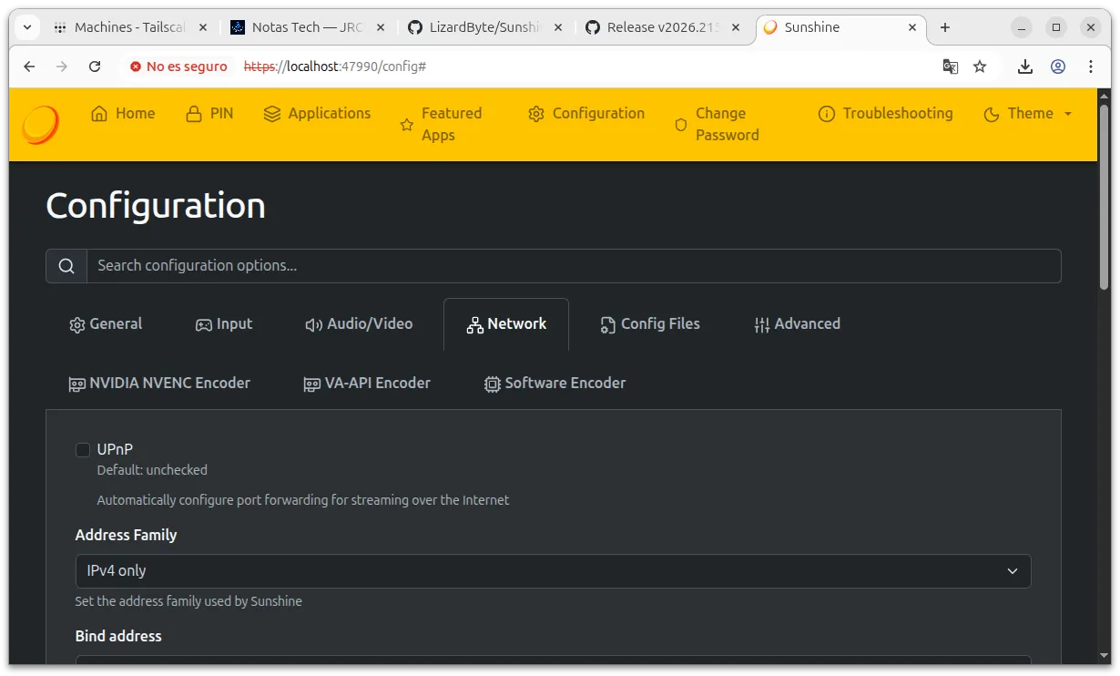 Panel de control de Sunshine para configurar el acceso al servidor