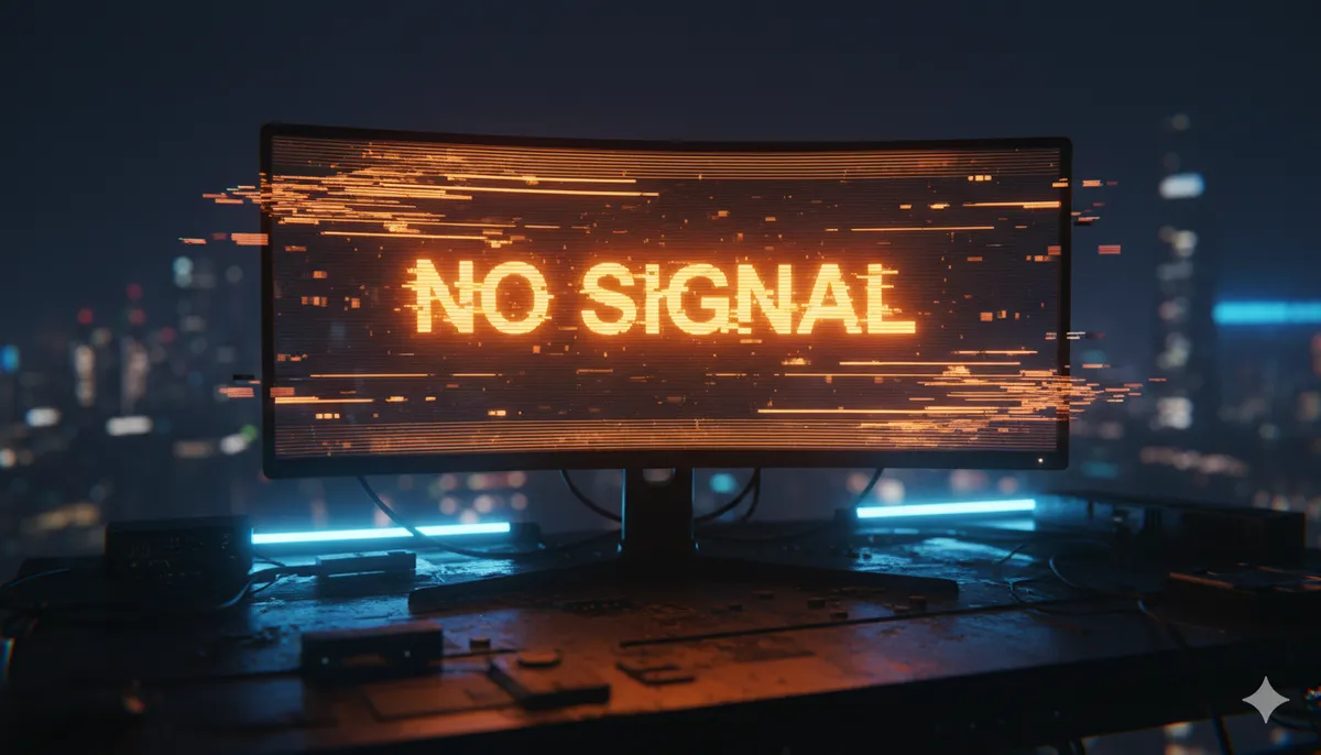 Monitor digital con aviso de No Signal en luz neón naranja