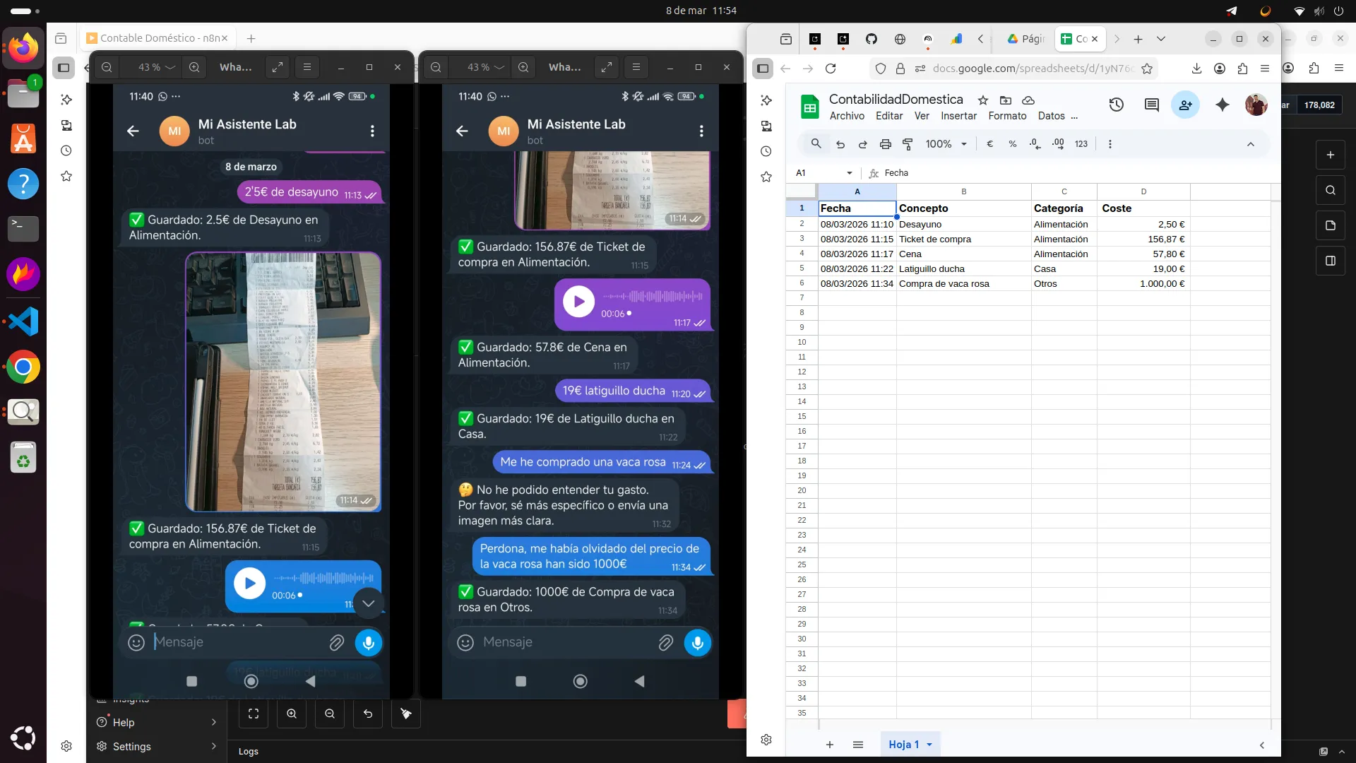 Captura de pantalla de Telegram mostrando al bot procesando un audio y una foto de un ticket