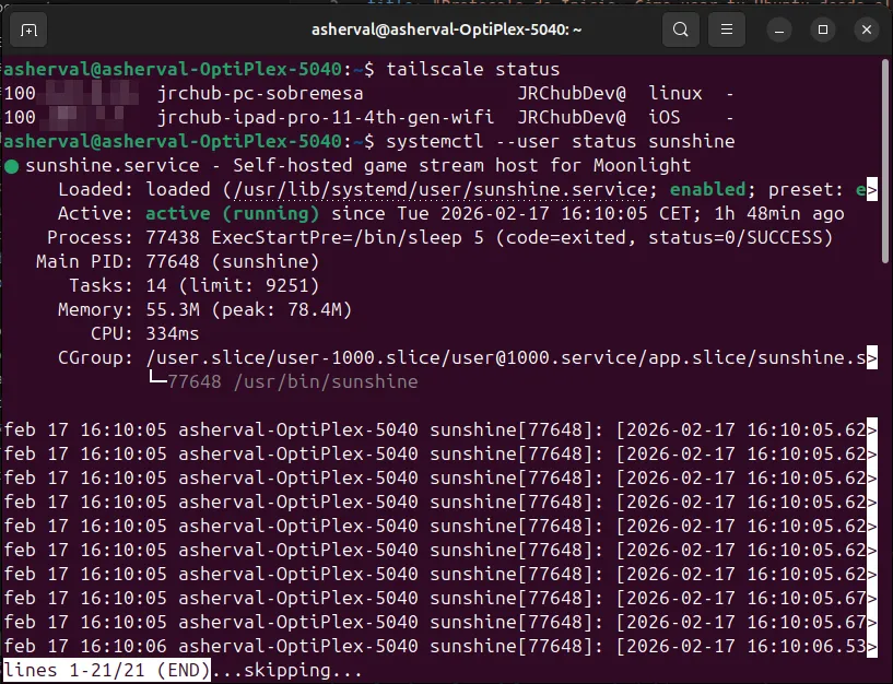 Terminal verificando que los servicios de red y streaming están activos