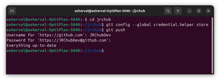 Comando git credential helper ejecutado con éxito en la terminal