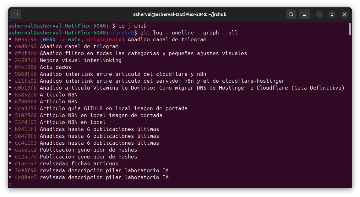 Terminal de Linux mostrando el historial de commits y sus hashes