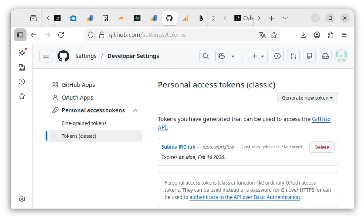 Botón para generar un nuevo token de acceso personal clásico.