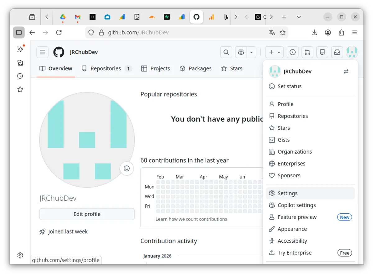Ubicación de User Settings en la interfaz de GitHub.