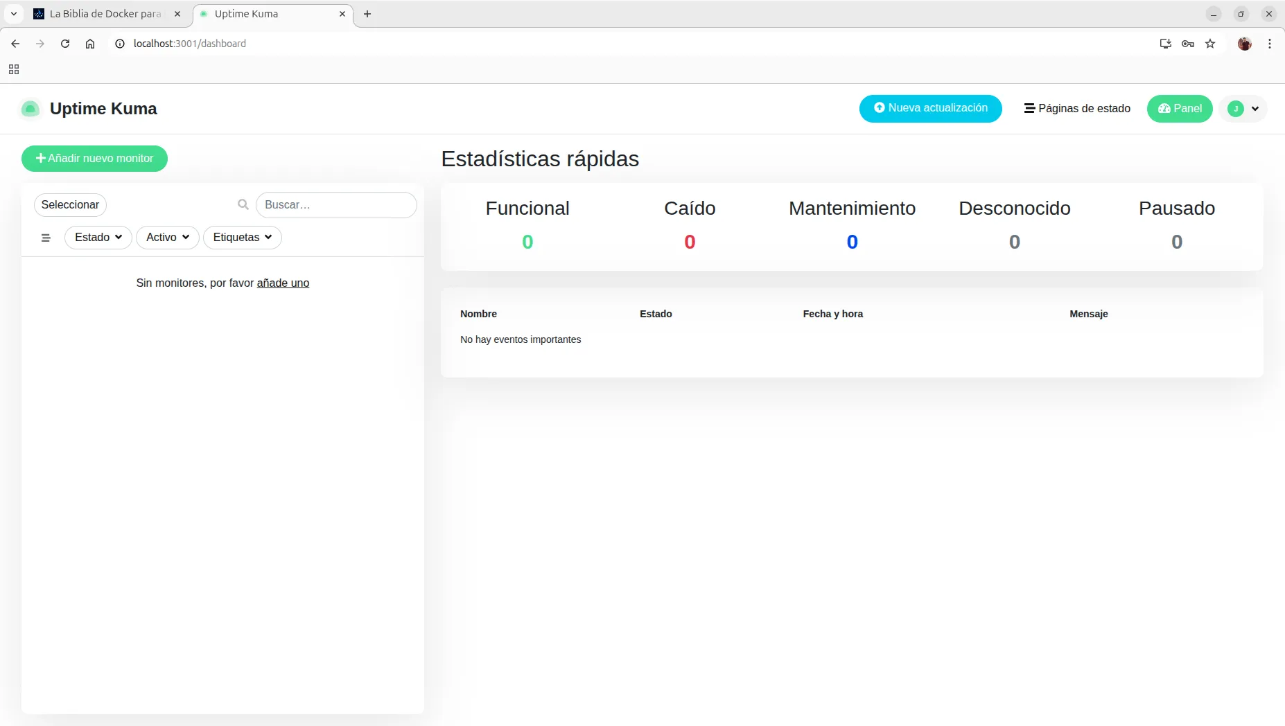 Panel de control de Uptime Kuma funcionando en localhost tras ser desplegado con Docker