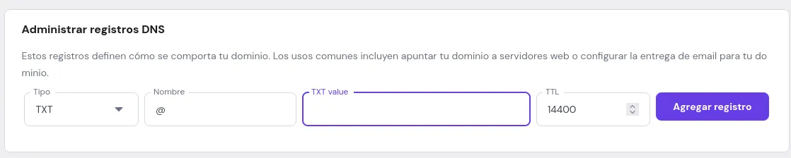 Añadiendo el registro TXT en el panel de Hostinger